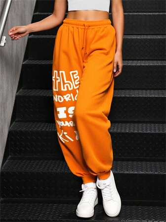 Vintage Street Style Letter Print Loose Fit Fleece Lined Casual Pants For Women, Suitable For Halloween, Autumn/Winter