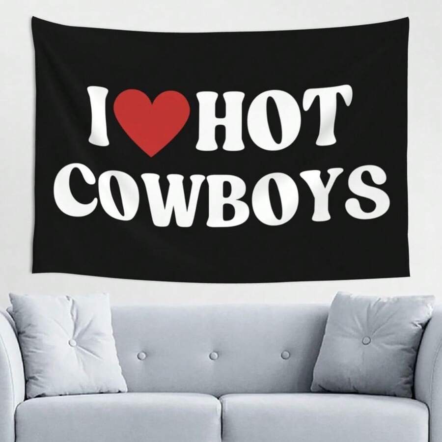 1pc "I Love Hot Cowboys" Tapestry - Funny Western Rodeo Wall Art, Black With Red Heart Design, Polyester Home Decor For Living Room Or Bedroom - 樣式1 - 查看 1