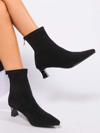 Women's Short Boots For Autumn And Winter, New Thick Heel, Versatile, Fashionable Pointed Toe, Tall And Slim, Suitable For Parties, Suede Short Boots, High Heels, Boots, Fashionable Back Zipper Boots, Fashionable Ankle Boots, Winter Warm High Heel Boots