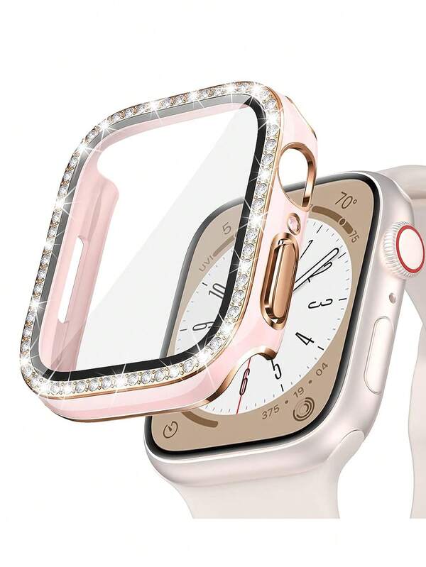 1 Stück rosa Herren Damen glänzender Strass Dekor modischer glamouröser Anti-Sturz 2 in 1 ultradünner gehärteter Glas Bildschirmschutz Uhrengehäuse, kompatibel mit Apple Watch Gehäuse 38/40/41/42/44/45/46/49mm, für Apple Watch Series Ultra/SE/11/10/9/8/7/6/5/4/3/2/1, intelligentes Uhrengehäuse Zubehör