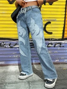 Pantalones rectos de mezclilla con cintura semielástica, parches y bordados, de estilo casual para mujer