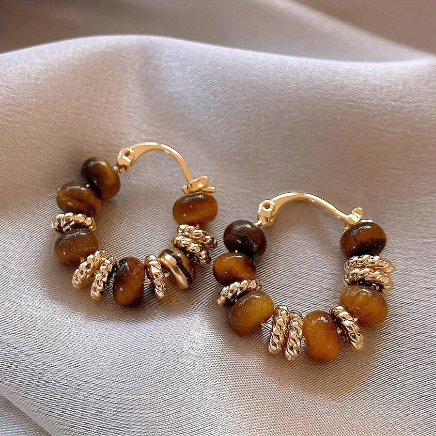 Pair Of Vintage Elegant Tiger'S Eye Beaded Hoop Earrings For Women - Golden-Tone Leaf Accents, Ideal For Parties, Weddings, Birthdays, And Casual Attire - màu nâu - Xem 1