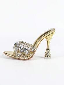 大码女式尖头菠萝形金属高跟鞋,时尚舒适,水钻装饰高跟凉鞋适合日常穿着、购物、派对、婚礼 - 金色 - 查看 11
