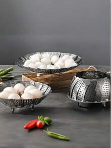 1pc Stainless Steel Adjustable Steamer Pot, Foldable Expandable Steamer Rack, Multi-Purpose Steamer Tray For Steaming Buns, Dim Sum - Silver - View 3