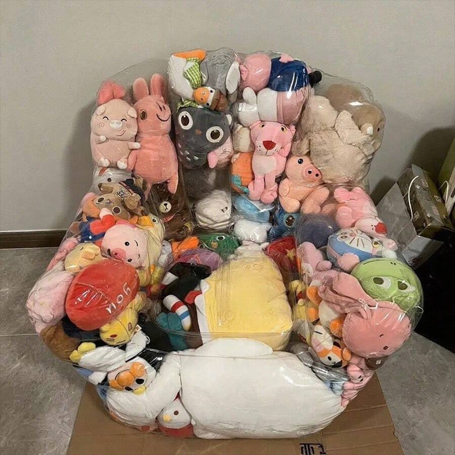 大容量透明沙发娃娃收纳沙发座椅收纳工具，多用途，PVC材质，耐用，易清洁，适用于毛绒玩具及家居用品，双拉链设计，方便收纳（产品不含娃娃）