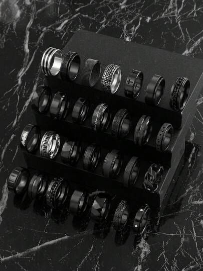 Juego de 3/6/9/12/15/20 anillos de acero inoxidable de estilo oscuro a la moda para hombres, incluye moneda de cobre, murciélago, números romanos, nota musical, estrella y luna, elementos retorcidos, adecuado para uso diario, festivales, compromiso, boda, Halloween, estilos y tamaños aleatorios