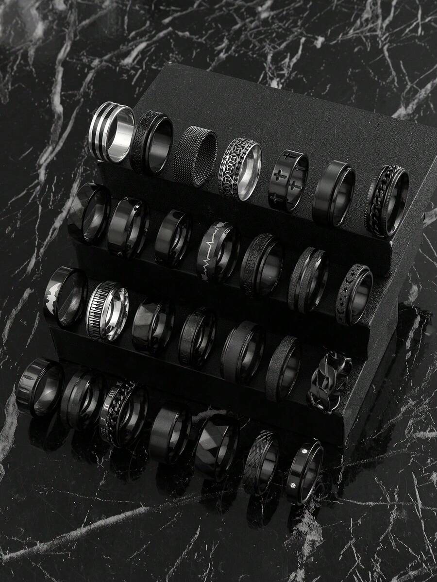 3/6/9/12/15/20 件时尚不锈钢深色风格男士戒指套装，包含铜币、蝙蝠、罗马数字、音符、星星和月亮、扭曲元素，适合日常佩戴、节日、订婚、婚礼、万圣节，款式和尺寸随机 - 黑色 - 查看 1