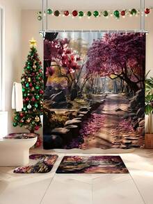 1 pièce Rideau de douche à motif paysage floral rose, rideau de douche imperméable avec crochets, séparateur de salle de bain, accessoire de décoration de salle de bain, décoration de Noël