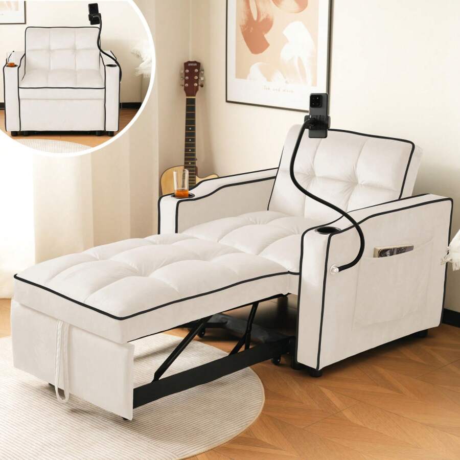 Relaxing Chair With Footrest, 5-Level Adjustable Backrest, Reclining, Chair With Side Tray - Beige + Foam + 1 Seat - View 1