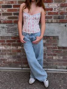 Women Y2k Floral Print Camisole Fairy Cute Lace Trim Spaghetti Strap Crop Top Summer Vest Tank Top Streetwear - 白色 - 查看 6