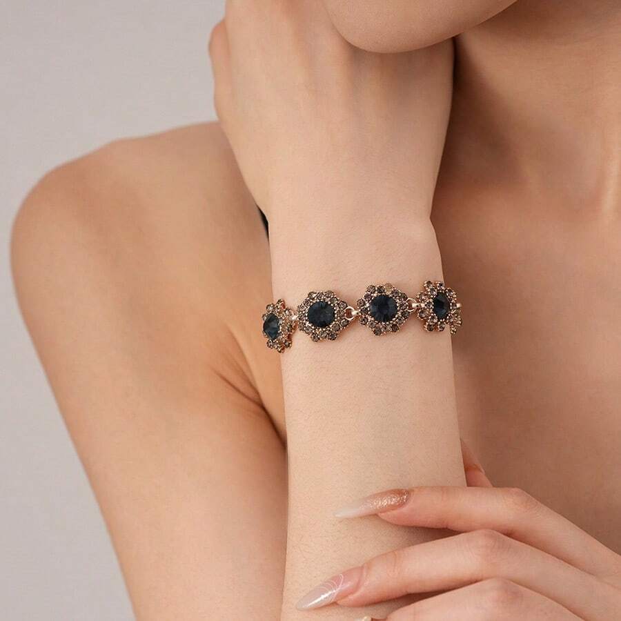 Andkiss 1pc Multi-Layer Rhinestone Flower Pattern Clasp Bracelet - Blue - View 1