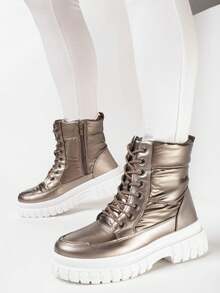 Winter Fashion Versatile Thick Sole Snow Boots With Laces - Brown - View 2