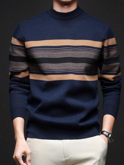 Men's Autumn/Winter Round Neck Striped Sweater, Stand Collar Business Casual Knit Pullover, Comfortable For Party, Home Wear, Long Sleeve Top