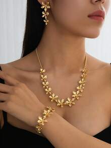 1 Set/1 pieza Conjunto de joyería de pulsera, collar y aretes con cadena y flor delicada y de moda, adecuado para uso diario de mujeres - Collar 57G7 - Ver 2
