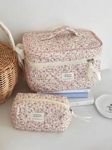 All-Over Floral Corduroy Makeup Bag, Floral Printed Fabric Zipper Pouch, Cute Countryside Style Toiletry Organizer For Daily Use, Home Or Travel Make Up Bag - Pink - View 16