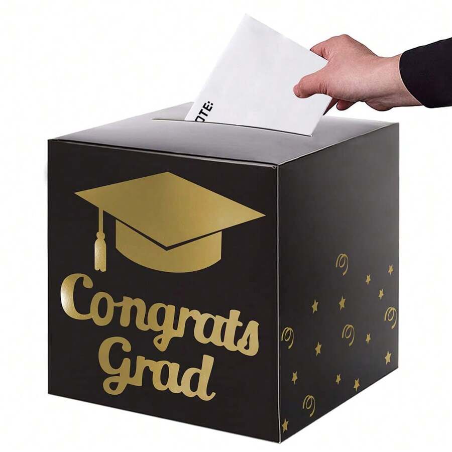 Graduation Ballot Box Black & Gold Classic Gift Box, For Holiday Celebration - Black - View 1