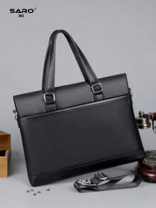 saroxi 1pc Men's Business Handbag, Casual Shoulder Bag, Fashionable Crossbody Bag, Versatile High-End Outdoor New Model Gift, Travel Storage Multifunctional Large Capacity Bag, PU Leather Gift For Friends Laptop Bag - Black - View 3