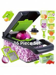 16-In-1 Multifunctional Vegetable Chopper, Multifunctional Vegetable Cutter With Box, Container And Lid, Thick ABS Material, Home Kitchen Potato Slicer, Grater, Vegetable Shredder, Cucumber Grinder, Kitchen Utensils, Professional Food Chopper, Multifunctional Fruit Slicer, Handheld Food Processor, Vegetable Slicer, Cutting Tool With Container