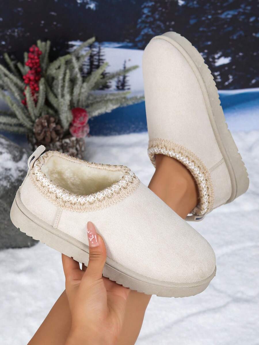 Women's New Fashion Plush Lining Fur Snow Boots, Fluffy Slip-On Slippers, Autumn/Winter, Casual Thick Bottom Warm Crossborder Closed Toe Furry House Slippers - White - View 1