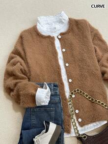 Pull élégant et décontracté pour l'automne et l'hiver, texture de fil peluché imitant le vison, confortable, avec boucle coquillage, col rond, manches longues, tricot, grande taille. Vêtements d'automne et d'hiver pour femmes, hauts d'automne, tenue de travail/bureau, décontracté chic