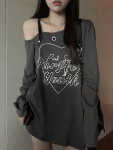 Kaos Lengan Panjang Wanita Kasual Longgar dengan Motif Huruf Kontras Warna dan Bahu Miring, Musim Semi/Panas/Gugur - Grey - View 7