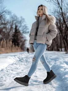 Women's Ankle Boots, Fleece Lining, Thick Warm Boots, Slip-On, Elastic, Platform, Snow Boots, Suede, Short Tube, Round Toe, Simple, Durable, Non-Slip, Plus Size, Autumn/Winter,Black Fur Boots,Platform Sneakers - màu đen - Xem 3