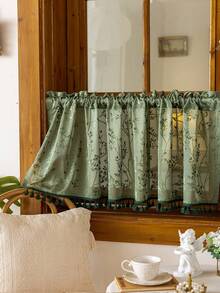 1pc Beige Plaid Small Curtain Panel, Japanese Style Cafe Curtain With Tassel Trim, Rod Pocket Kitchen Curtain, Living Room Bedroom Window Decor, Cabinet Covering Curtain, Home Decor - Dark Green - View 7