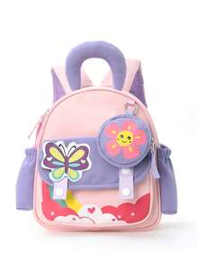 Custom Embroidered Cartoon Pattern Backpack, Rocket Butterfly Design Mini Lightweight Contrast Color Backpack With Detachable Coin Purse, Casual Daybag, For Daily, Travel, Outdoor