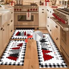 1 pièce Tapis de cuisine, de porte, de salle de bain, de chambre à coucher, de salle à manger, décoration de maison, décoration de fête, décoration de Noël, en matériau imitation cachemire doux avec motif d'arbre de Noël sur fond à carreaux noirs et gris, avec support en TPR, pour la décoration de Noël