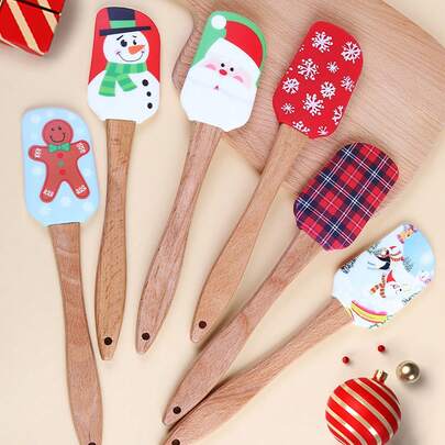 1/6 件圣诞硅胶抹刀圣诞老人麋鹿雪花雪人圣诞蛋糕抹刀带木柄用于烘焙和搅拌圣诞派对厨房用具