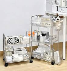 3 Niveles Carrito Organizador 4 Ruedas,Carrito Auxiliar para Estetica con 2 Cestas,Transparente Carrito de Servicio Almacenamiento,Ajustable Estante Carro Organizador para Cocina Baño Recamara ECYWE