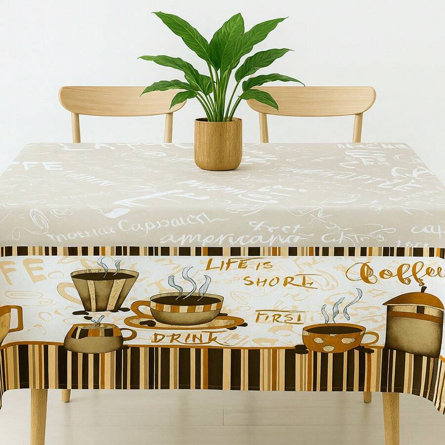Oxford Printed Hemmed Tablecloth For 4, 6, Or 8 Rectangular Kitchen Dining Chairs - Mocha Coffee - View 1
