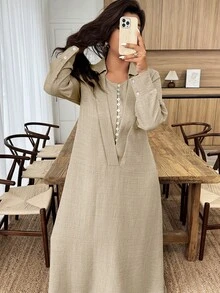 UrbanChic Waist Line Double Layer Placket Super Expansion Skirt Hemline Long Dress, Back To School, Going Out Outfits, Romantic Holiday Style, Summer Holiday Outfits, Weddings & Events, Going Out Outfits, Vacation Outfits Women, Beach Outfits For Women, Spring Break Outfits - Khaki - View 5