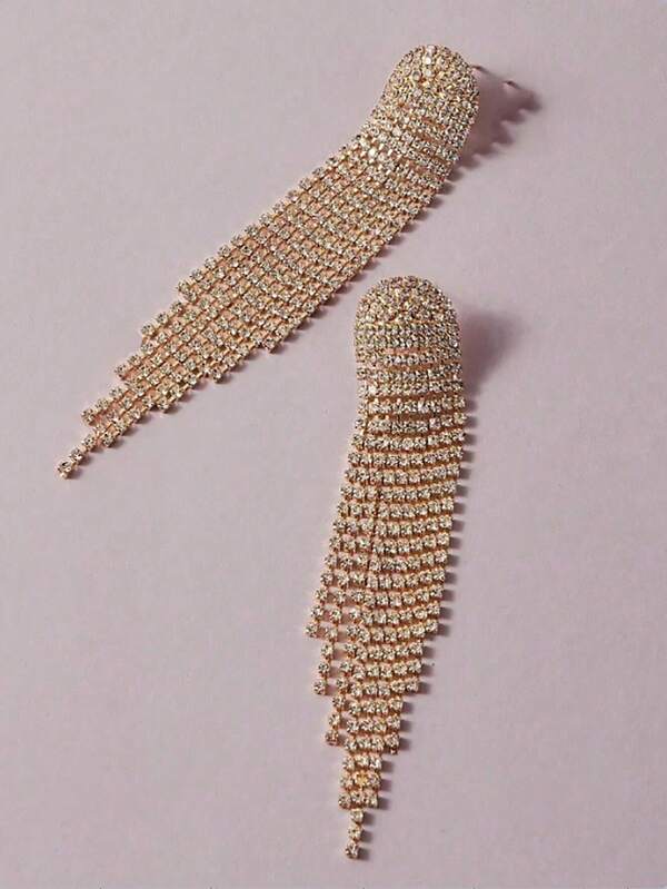 2pcs Fashionable Long Tassel Earrings, Exaggerated Rhinestone Dangle Earrings For Women