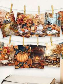 20pcs Autumn Fairy Tale Postcards, Harvest Season Greetings, Autumn Limited Edition, Warm Healing Pumpkin + Maple Leaves + Mushroom House, Comfortable Autumn Theme Booklet / Decoration / Greeting Card / Postcard, Thick Cardboard, Gift Series