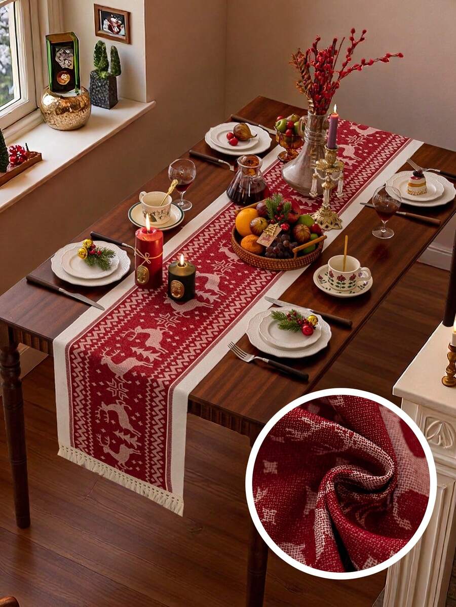 1 pieza Camino de mesa de tela rojo navideño, con flecos de borlas, diseño de estilo nórdico con estampado de ciervos, adecuado para mesa de comedor, sala de estar, decoración del hogar, regalo festivo y decoración de fiesta, disponible en varios tamaños - Rojo - Ver 1