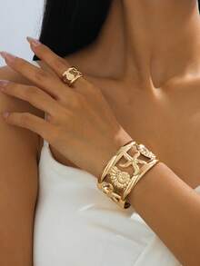 2 件时尚海星和贝壳手链和戒指套装，适合女性派对和日常佩戴 - 金黃色 - 查看 7