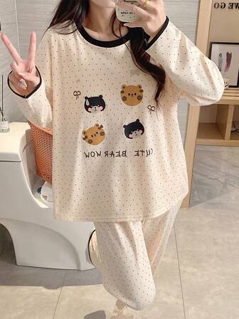 2pcs Women Pajama Set, Round Neck, Moisture-Wicking, Cute Polka Dot Print, Long Sleeve Top And Pants, Sleepwear, Spring/Autumn/Winter Clothes