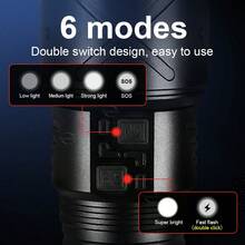 1pc Powerful LED Flashlight, Tactical Rechargeable Flashlight With Built-In Battery, 6 Lighting Modes, 6000m Long Beam Distance, Super Bright Handheld Outdoor Light, Adjustable Zoom, Safety Lighting Flashlight Suitable For Camping, Fishing, Hiking, Hunting, Adventure, Rescue, Mountaineering, Emergency, Work And Other Occasions