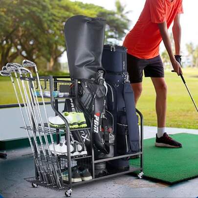 Organizzatore per riporre le sacche da golf in garage di grandi dimensioni, supporto per 2 sacche da golf e altri accessori da golf, contenitore per mazze da golf in metallo nero per garage, capannone e cantina