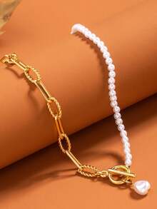 1 colar longo de corrente de pérolas da moda, colar com fecho de pérolas personalizado estilo vintage