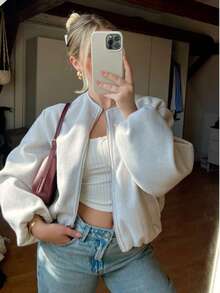 Simple Versatile Daily Solid Color Zip-Up Short Jacket With Pockets, Soft Zip-Up Long Sleeve Jacket, Women Casual Full Set Long Sleeve Outerwear, Autumn/Winter Spring - Beige - View 8