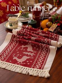 1 pieza Camino de mesa de tela rojo navideño, con flecos de borlas, diseño de estilo nórdico con estampado de ciervos, adecuado para mesa de comedor, sala de estar, decoración del hogar, regalo festivo y decoración de fiesta, disponible en varios tamaños - Rojo - Ver 8