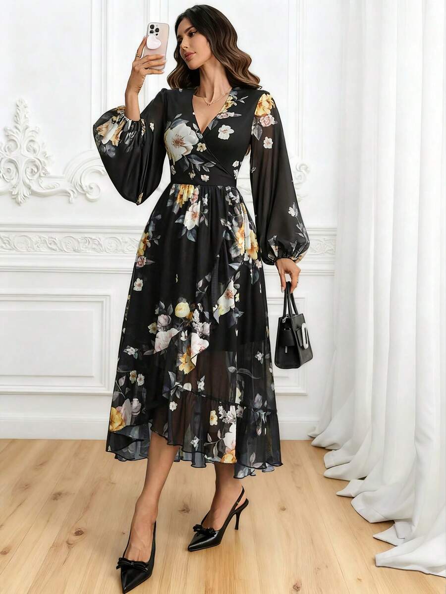 Women's Gothic Romantic Black Floral Chiffon Maxi Dress – V-Neck, Lantern Sleeves, High Waist, Ruffle Hem Elegance