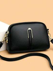 2-Layer Zipper Diagonal Shoulder Bag, Fashionable PU Soft Leather Women's Handbag, Simple Versatile Clutch, Middle-Aged Women's Bag, Shoulder Small Purse - Black - View 2