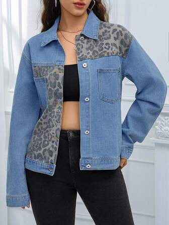 Leopardmönstrad lapptäcksjeansjacka, icke-stretchig, framficka, långärmad, för kvinnor