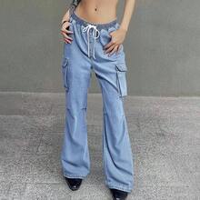 Women's Drawstring Waist Cargo Jeans - Straight Leg Denim Pants With Utility Pockets, Streetwear Comfortable Jogger Pants For Women Urban Fashion ﻿