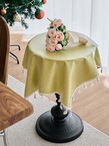 1pc Solid Color Waterproof Oilproof Tablecloth, Rustic American Country Style, Kitchen Decor, Rectangular Table Cover With Tassels, Suitable For Daily Use, Holidays, Sideboard, Desk, Microwave Oven Cover, Banquet, Coffee Table, Home Decor, Autumn Decor, Wedding Decor