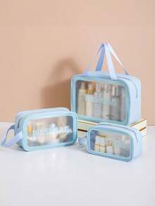 4-In-1 Summer Travel Makeup Bag, PVC Waterproof Toiletry Organizer, Cosmetic Bag, Beach Pouch, Suitable For Eyeshadow, Sanitary Napkin, Lipstick, Cosmetics, Eyeliner, Lip Gloss, Skin Care, Summer Travel Essential, Fit For Shopping, Vacation, Home, Bathroom, Holiday, Beach - Blue - View 22