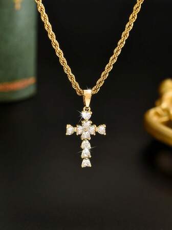 1 pieza Collar de acero inoxidable chapado en oro de 18K vintage y lujoso + Colgante de cruz con zirconia en forma de corazón, Estilo hip-hop europeo y americano para hombres, Joyería exquisita para hombres, Adecuado como regalo para novio